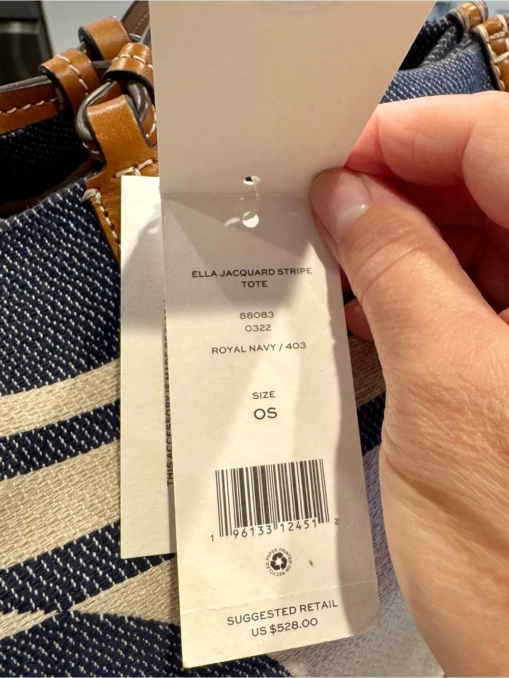 Tory Burch Navy and Cream Striped Canvas Tote with Tan Leather Trim